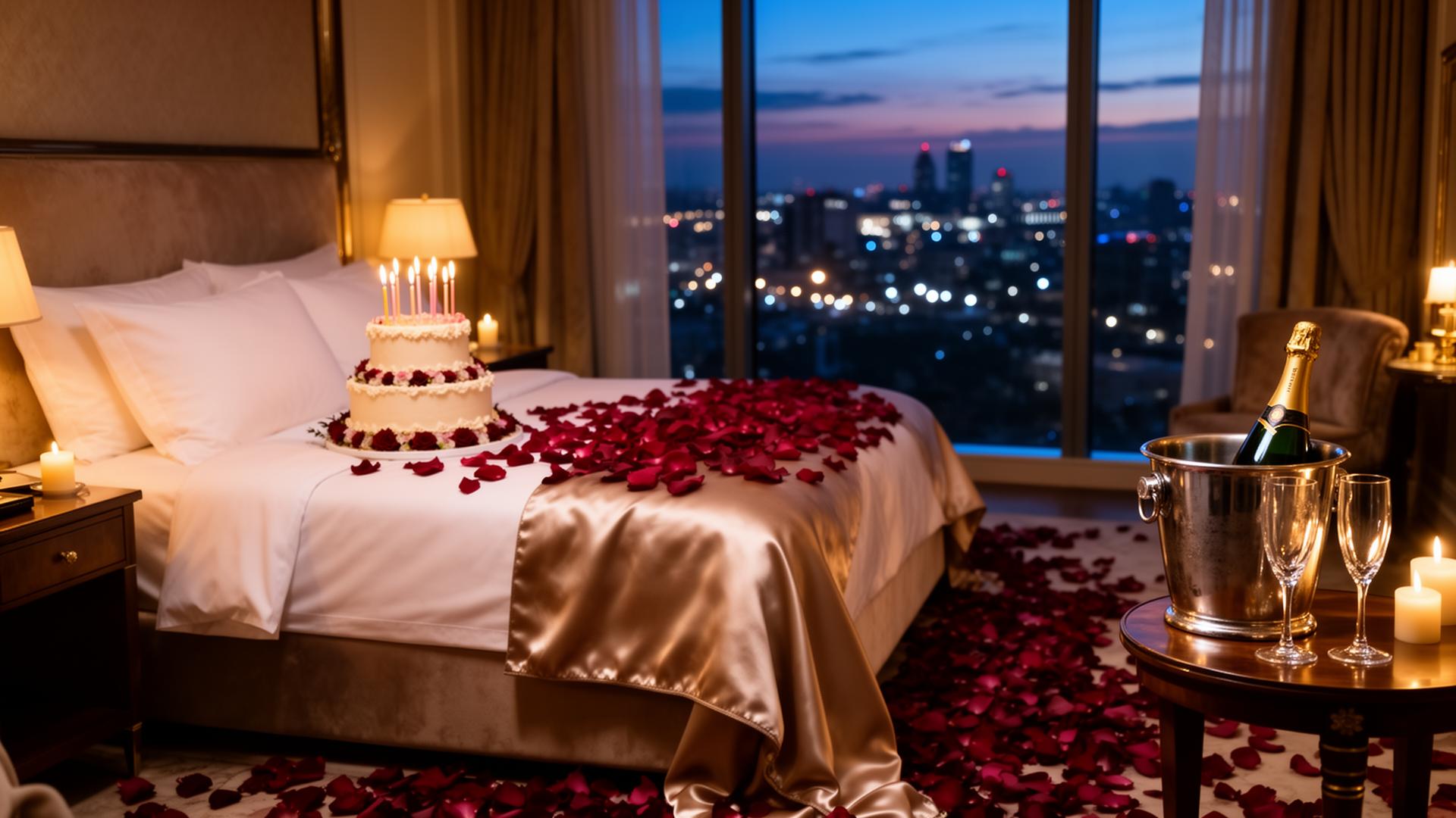 Hotel room decorated with rose petals and balloons
