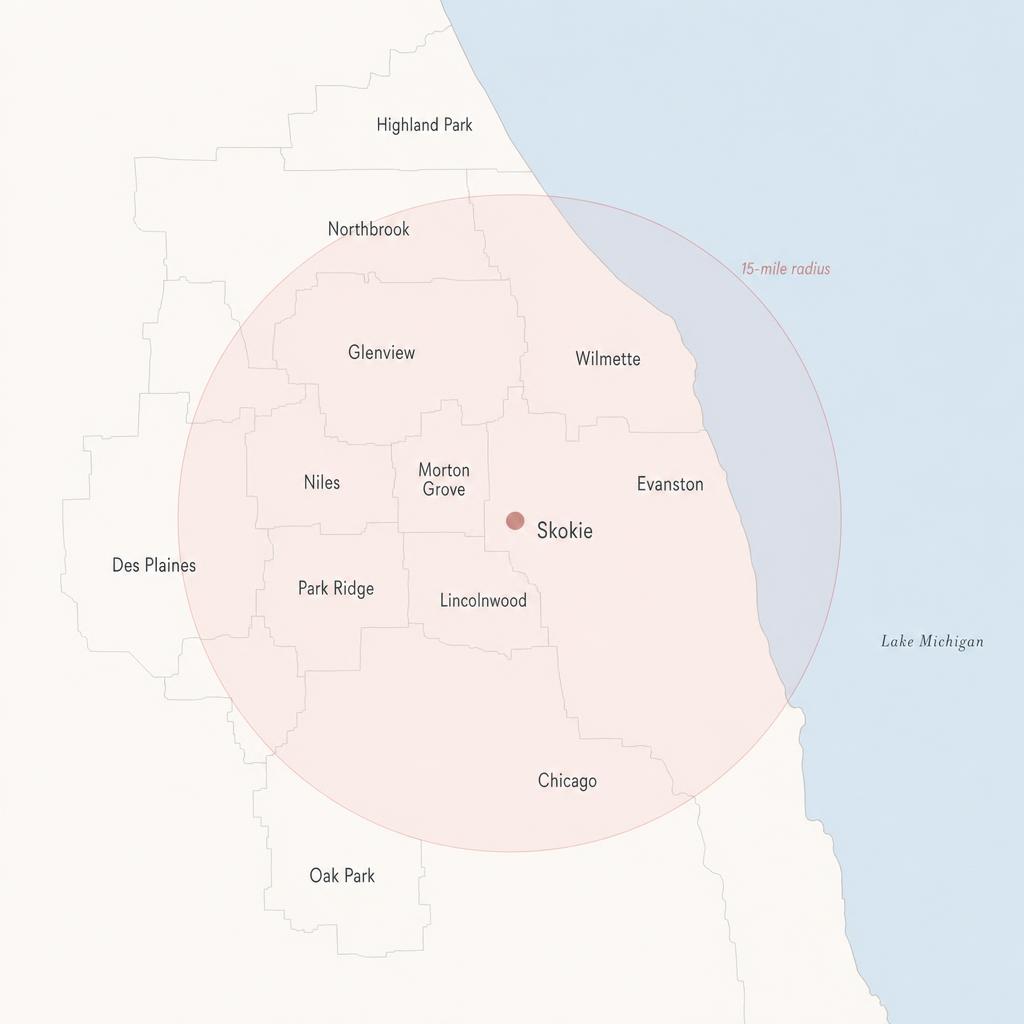 Map showing the 15-mile service radius around Skokie, Illinois